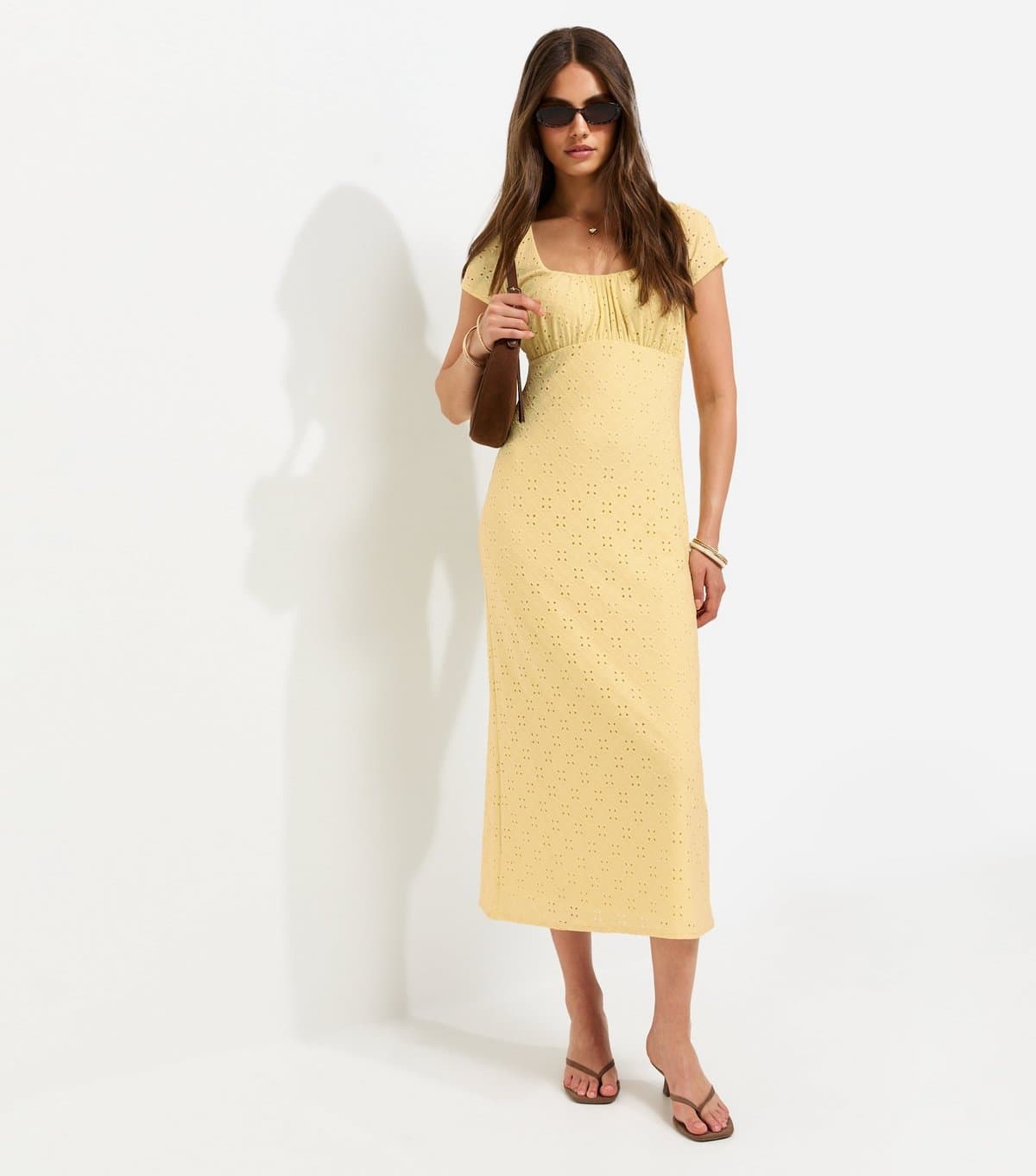 New Look Women's Light Yellow Broderie Anglaise Jersey Milkmaid Midi Dress New Look