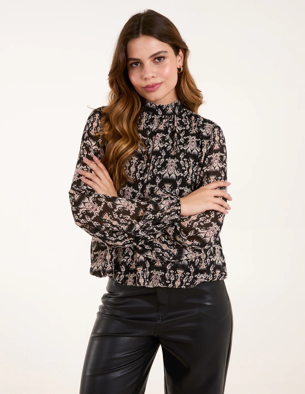 Blue Vanilla Bubble Hem High Neck Printed Top