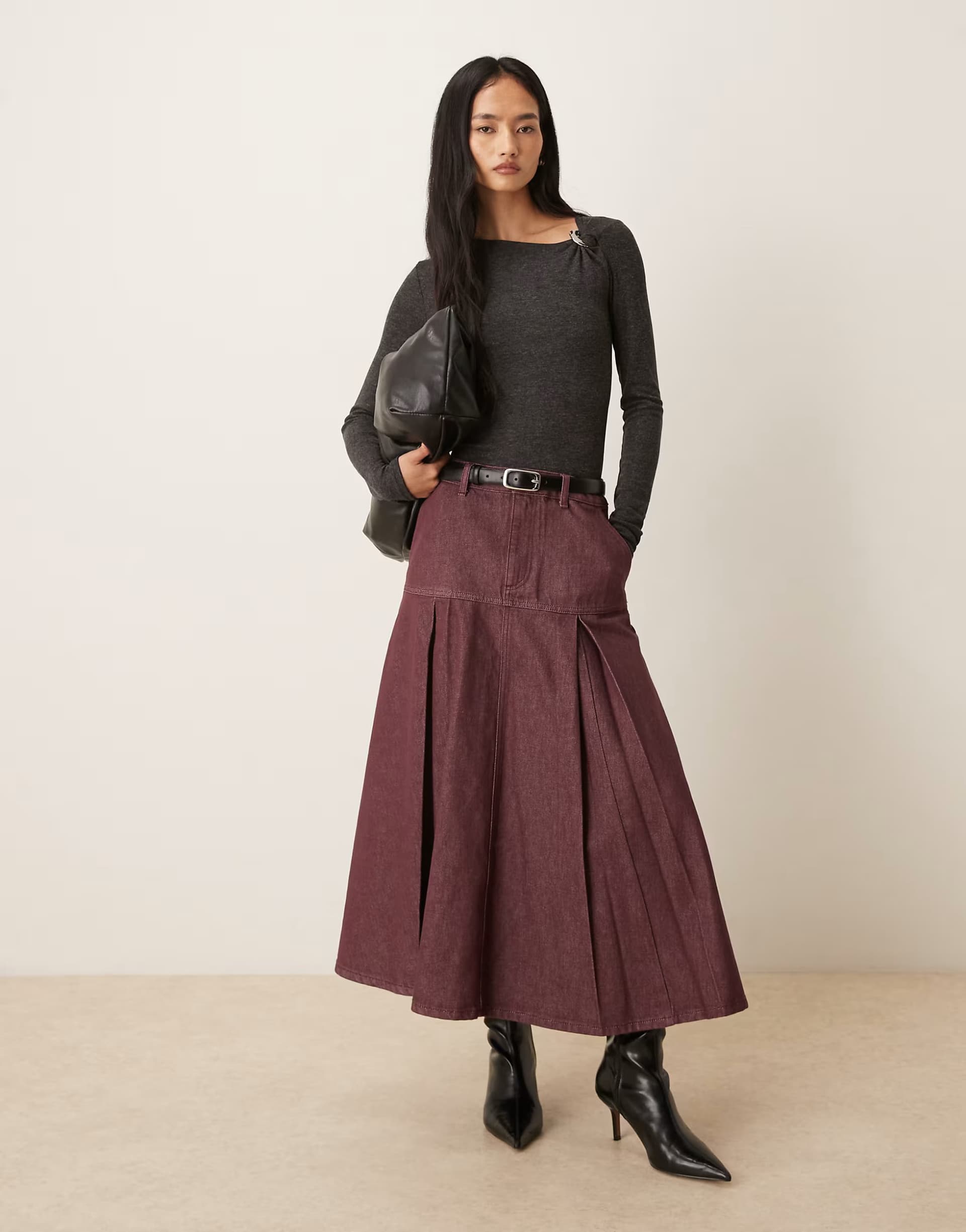ASOS ASOS DESIGN denim pleated maxi skirt in burgundy