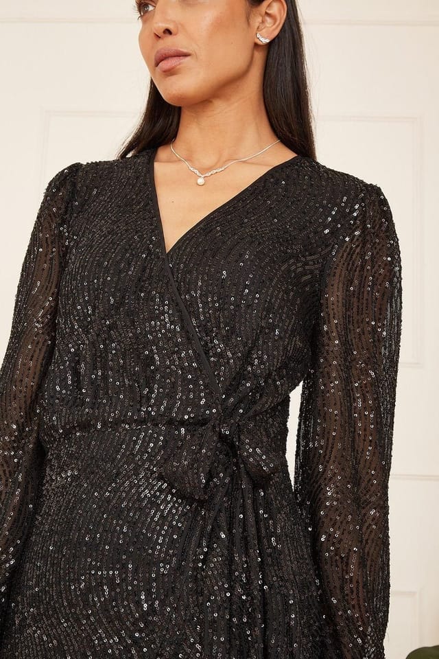 Mela Mela Women's Black Sequin Long Sleeve Frill Wrap Dress - 2