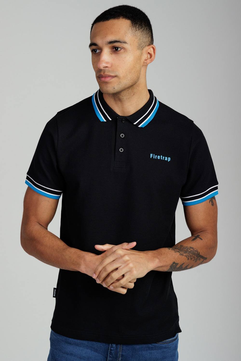 Firetrap Firetrap Men's Regular Fit Cotton Button Polo Shirt with Contrast Trim in Black - 3