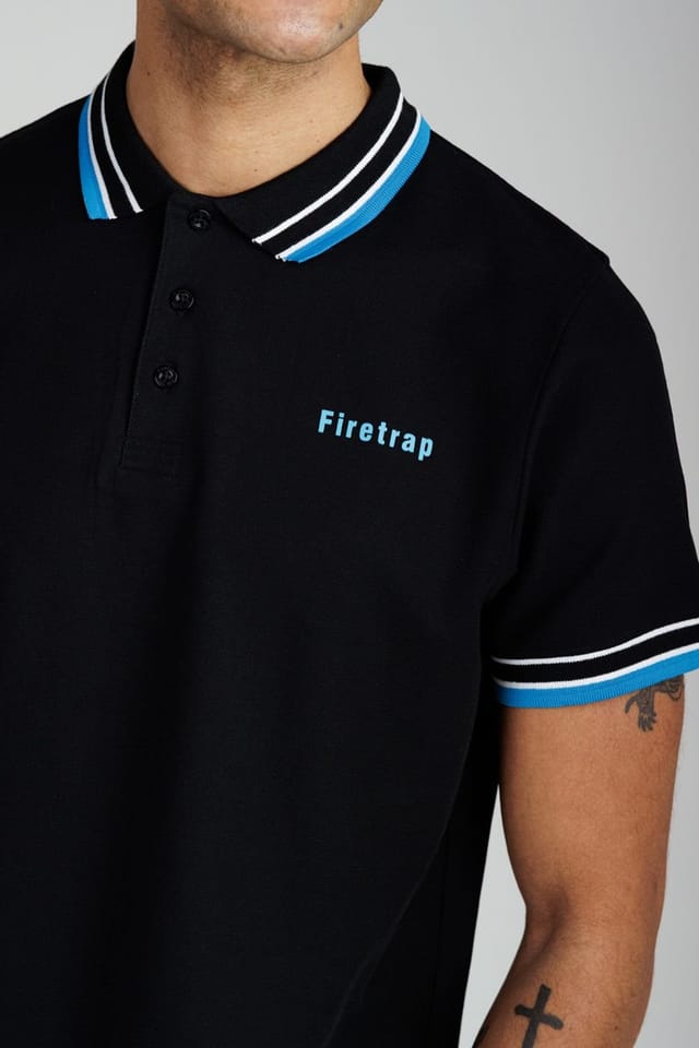 Firetrap Firetrap Men's Regular Fit Cotton Button Polo Shirt with Contrast Trim in Black - 3