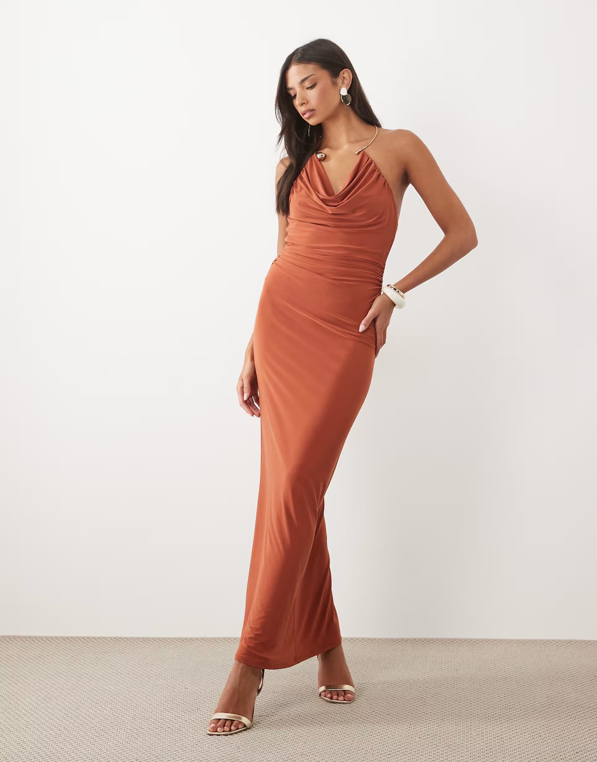 ASOS ASOS DESIGN slinky cowl neck maxi dress with floral neck detail in terracotta