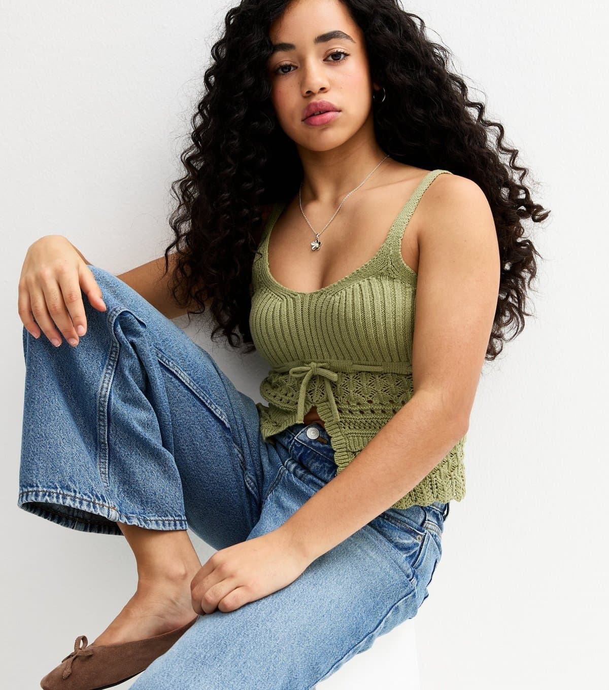 New Look Girls' Dark Khaki Tie Front Knit Cami Top New Look