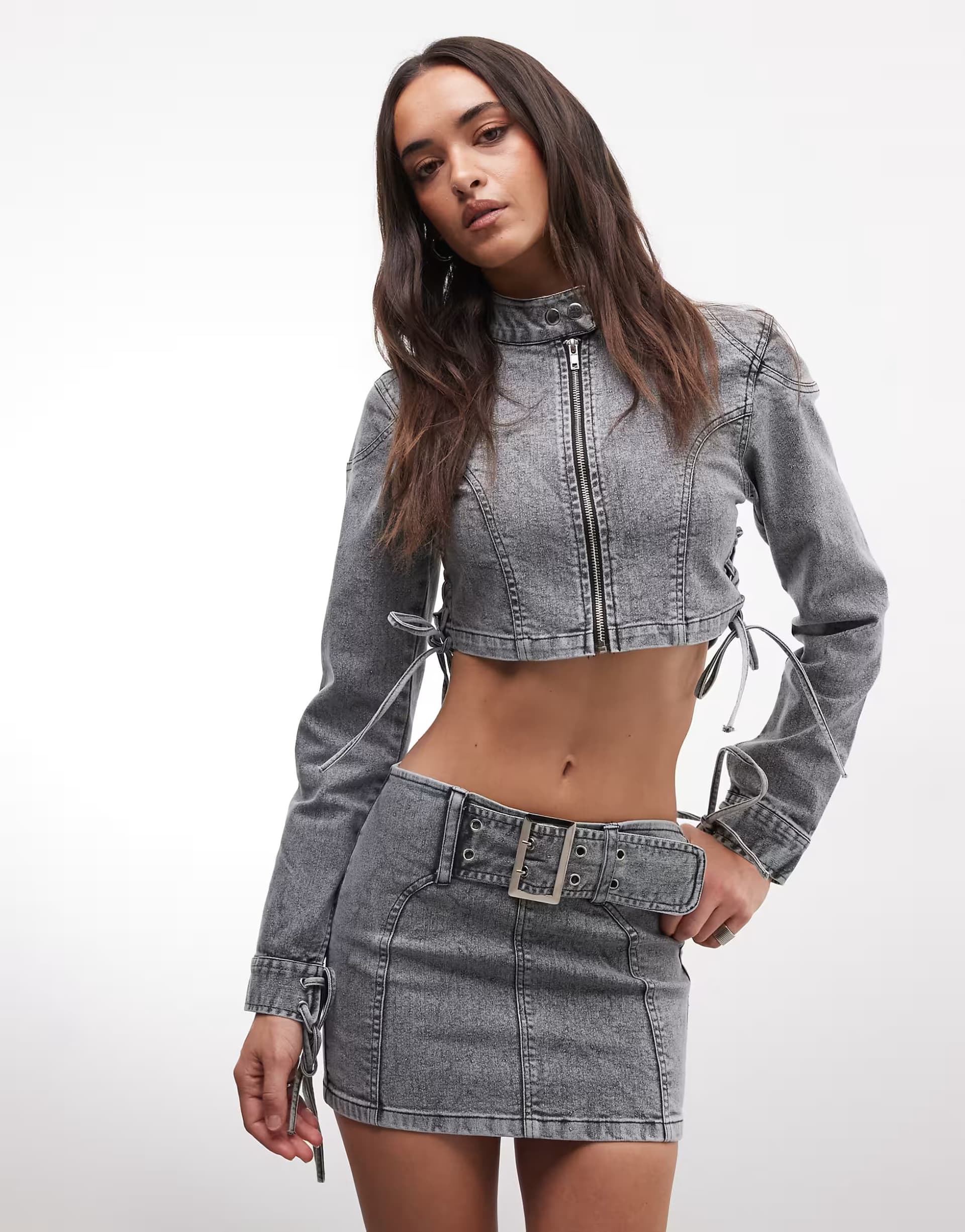 ASOS Liquor N Poker extreme buckle belt denim mini skirt co-ord in grey wash