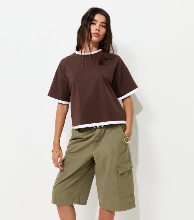 New Look Women's Dark Brown 2-in-1 Short Sleeve Boxy T-Shirt New Look - 2