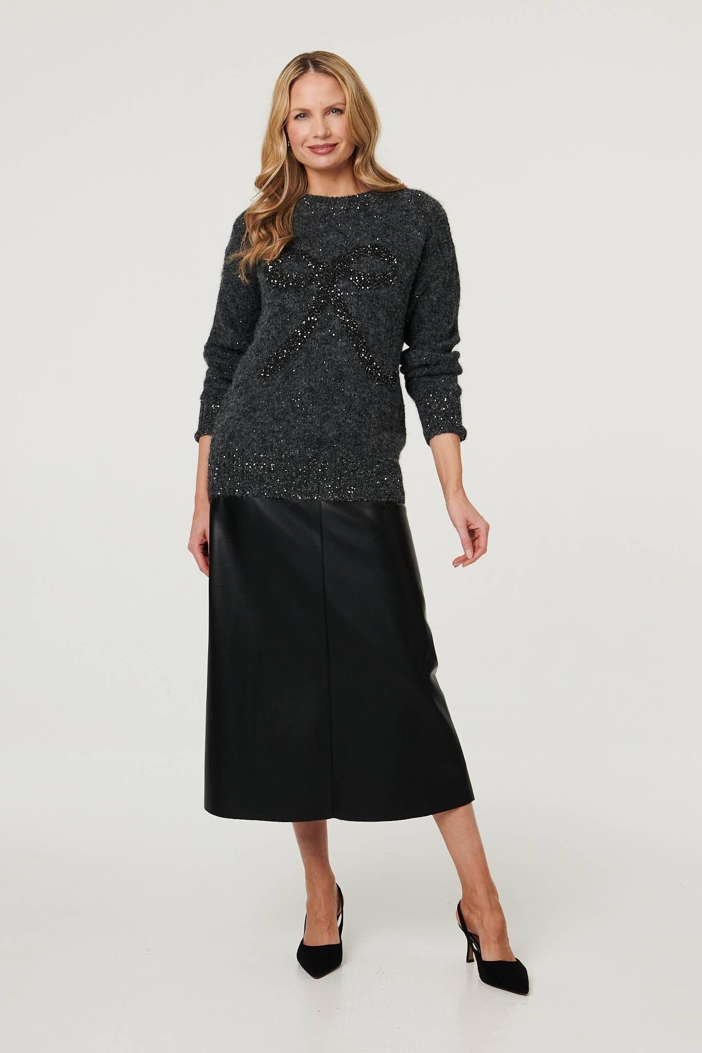 Izabel London Izabel London Women's Sparkle Texture Bow Print Jumper in Grey
