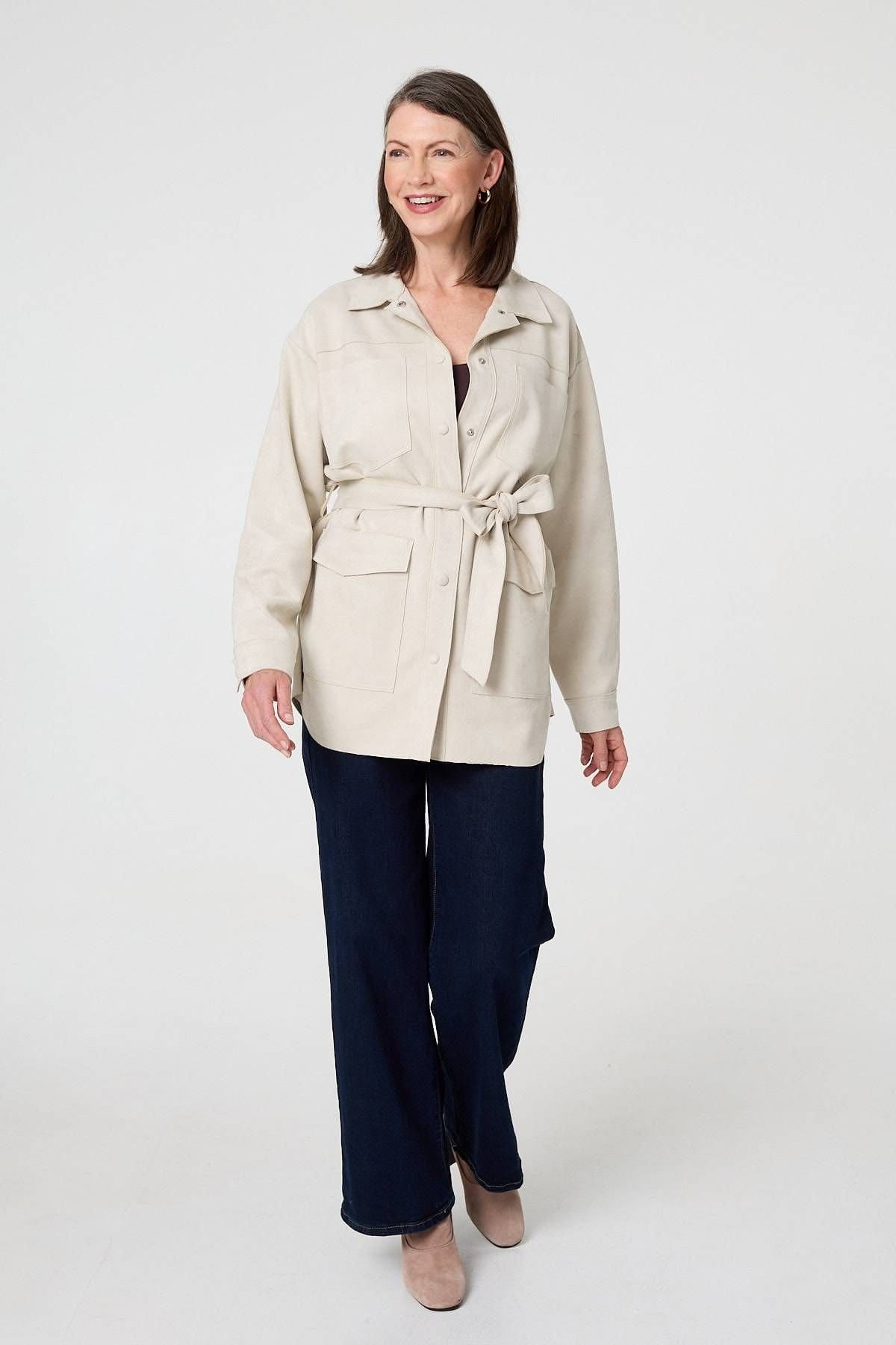 Izabel London Izabel London Women's Faux Suede Tie Waist Relaxed Shacket in Beige - 4