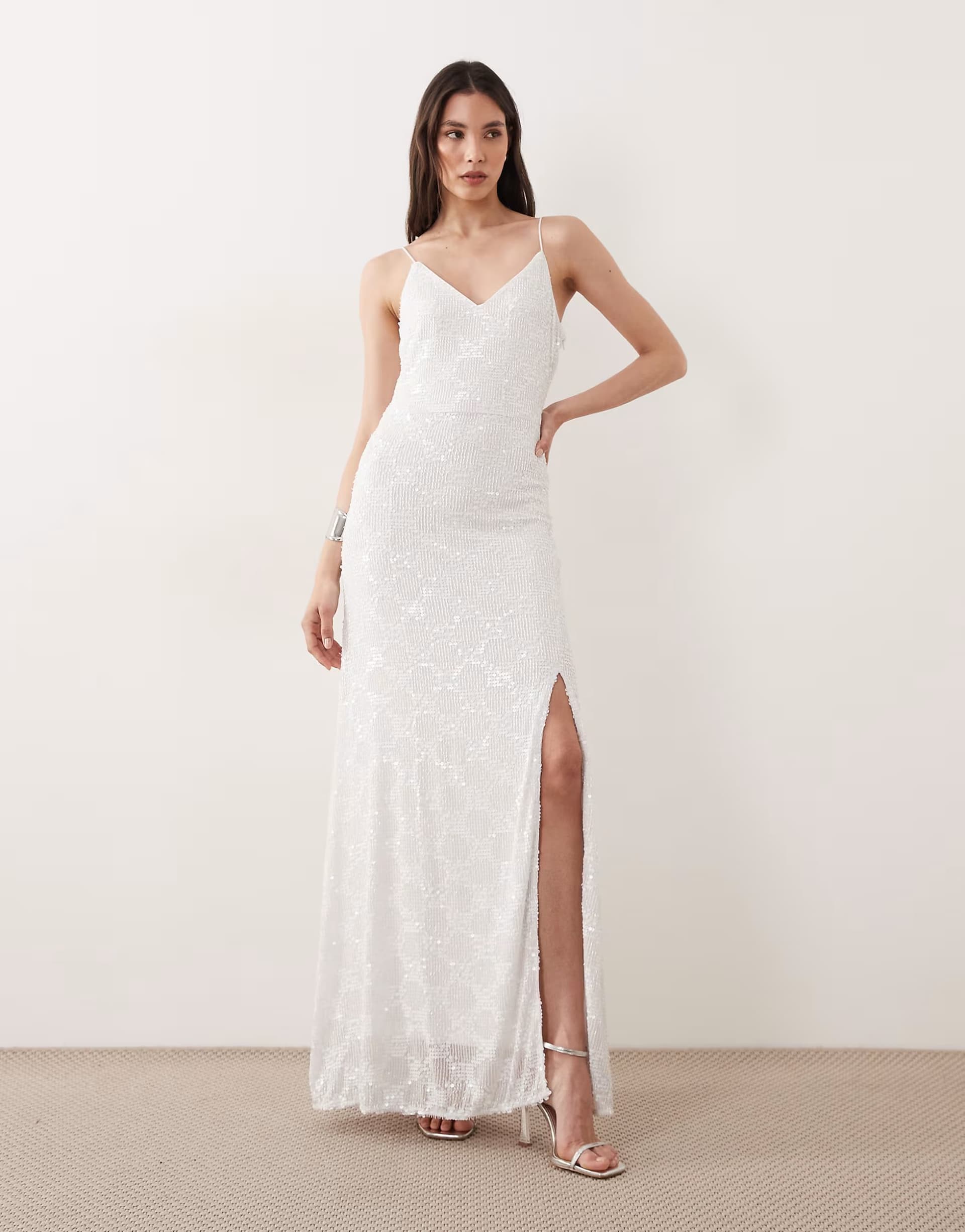 ASOS YAS tie back textured sequin cami maxi dress in gardenia white