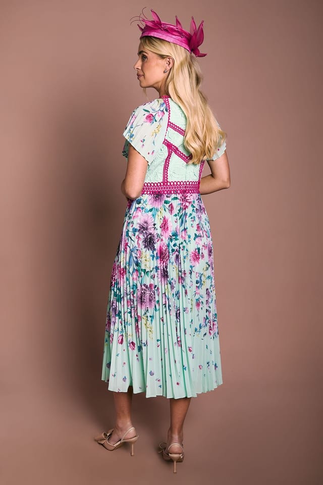 Coast Coast Women's Petite Lisa Tan Floral Printed Lace Trim Pleated Midi Dress in Sage - 3