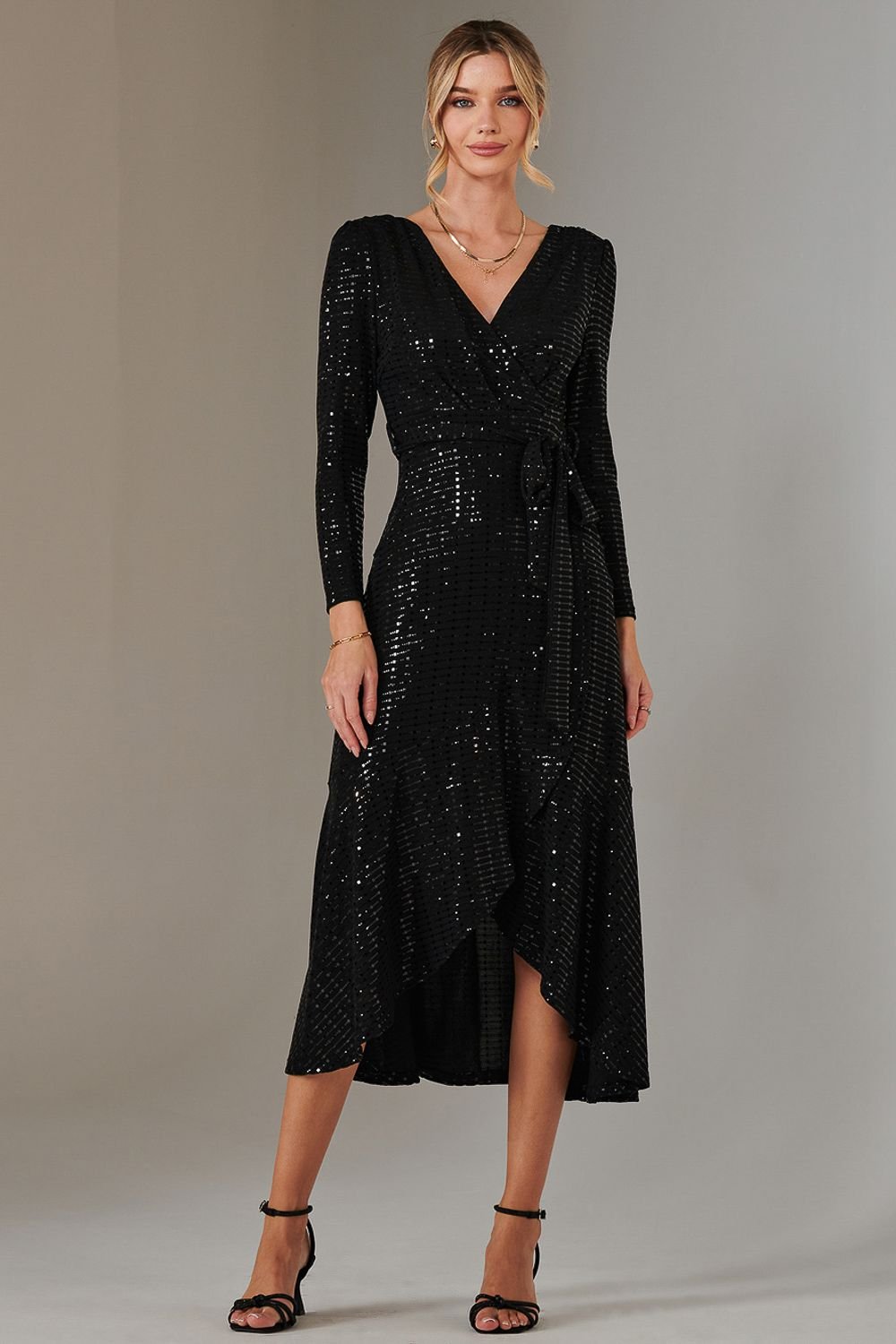 Jolie Moi Jolie Moi Women's Long Sleeve Metallic Spot Maxi Dress in Black - 2
