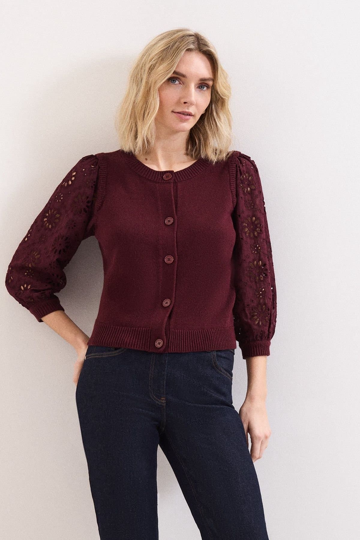 Phase Eight Phase Eight Women's Blythe Eyelet Sleeve Knit Cardigan in Maroon