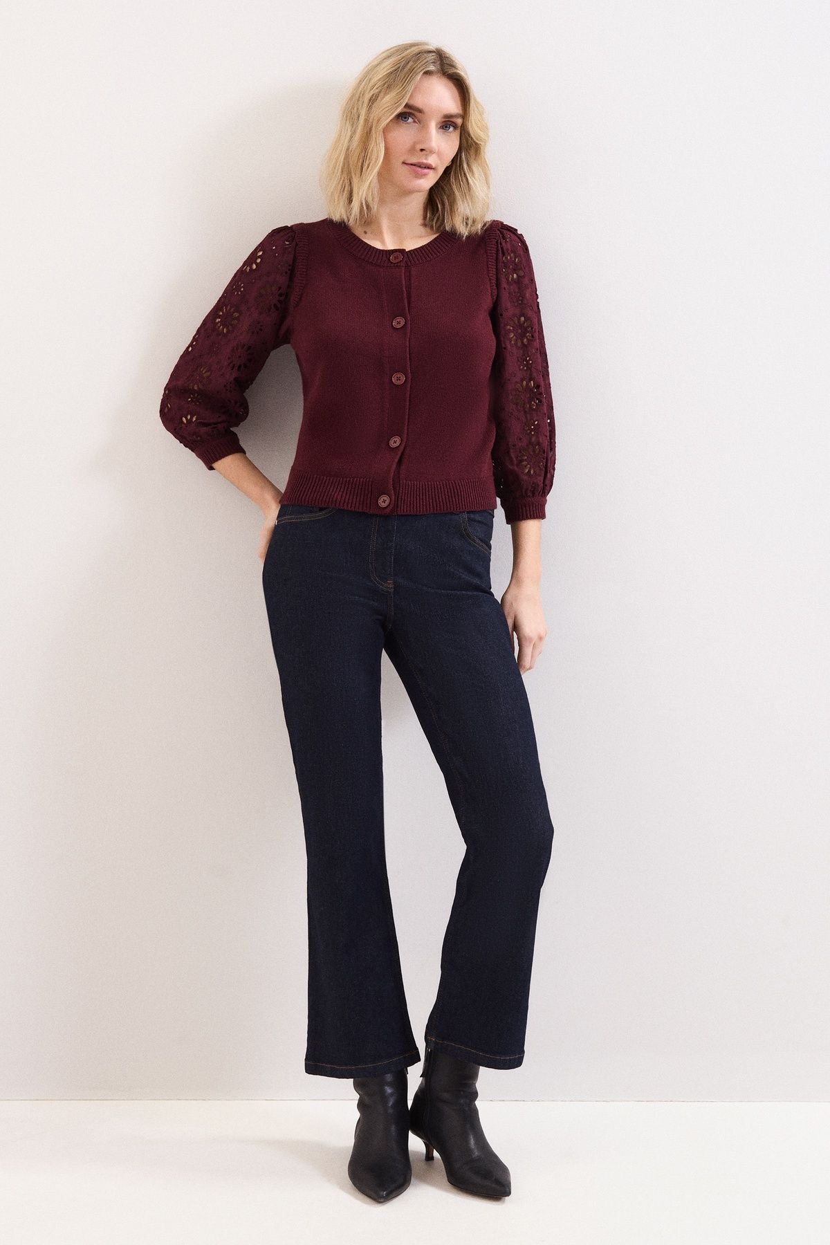 Phase Eight Phase Eight Women's Blythe Eyelet Sleeve Knit Cardigan in Maroon - 3