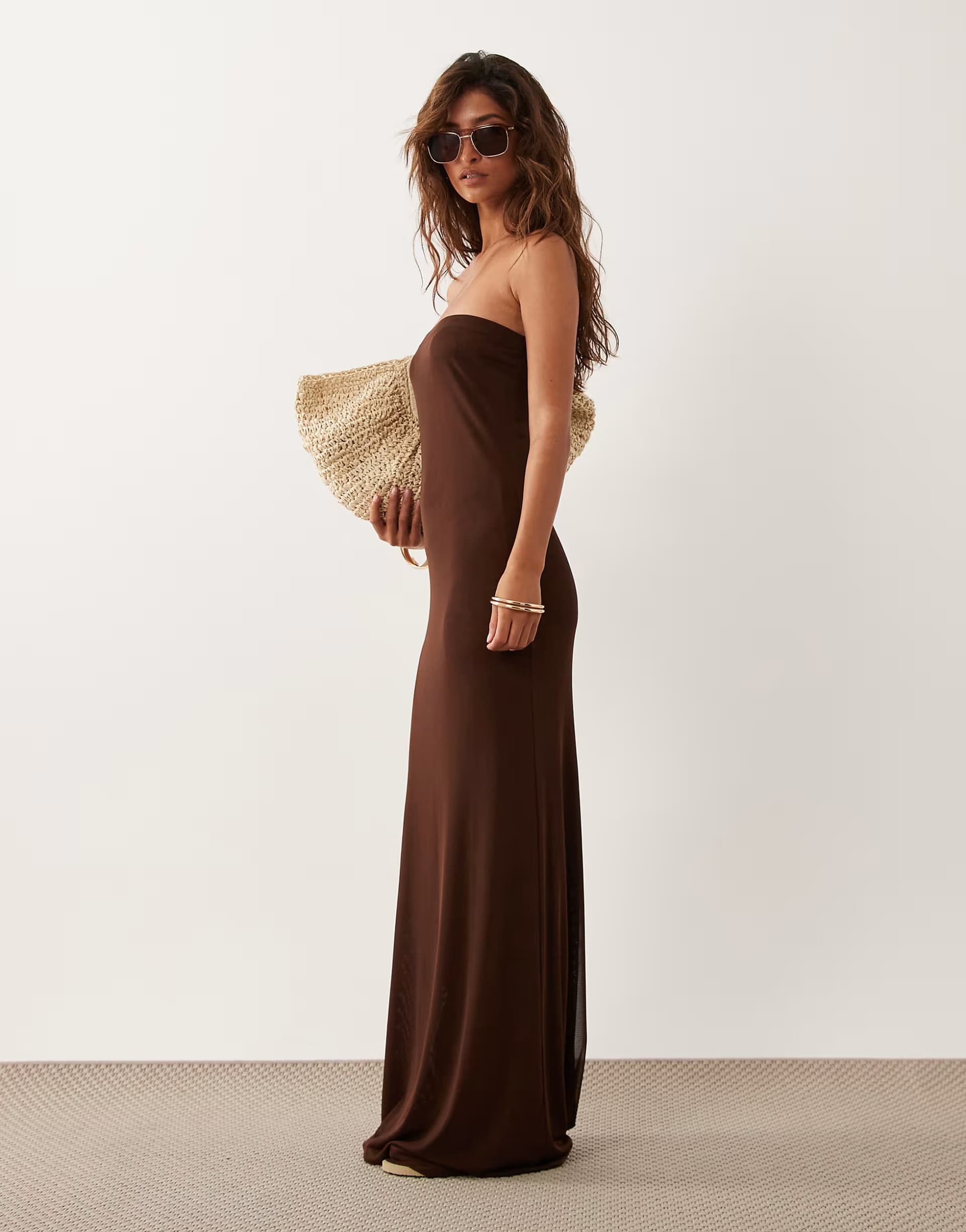 ASOS ASOS DESIGN sheer mesh bandeau maxi dress in chocolate