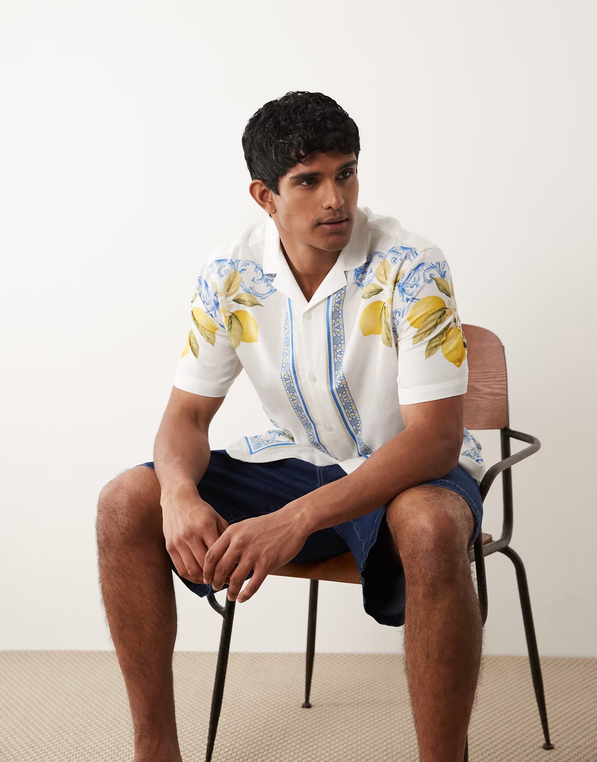 ASOS ASOS DESIGN relaxed shirt with linen and border print in white