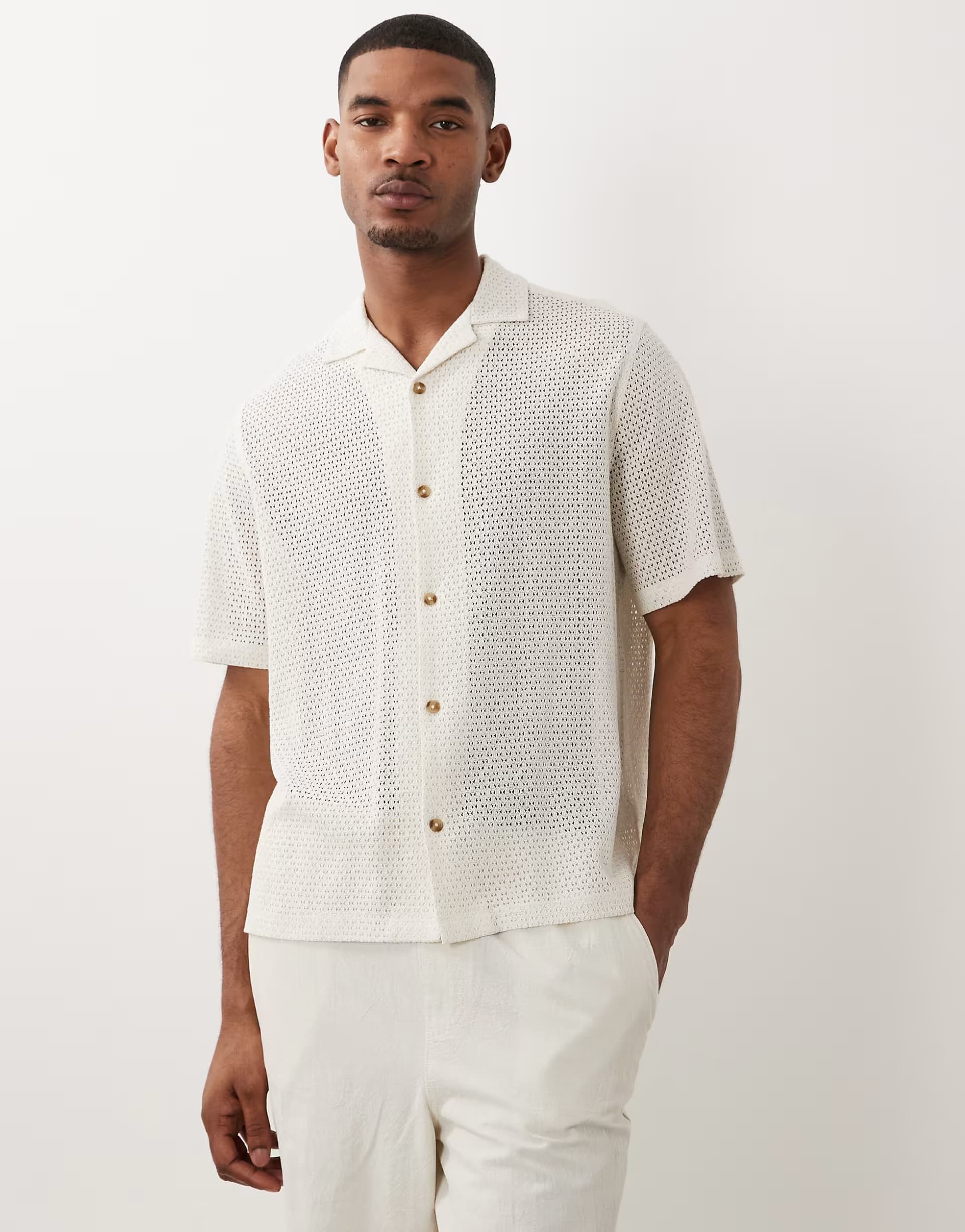 ASOS ASOS DESIGN relaxed revere open texture shirt in off white