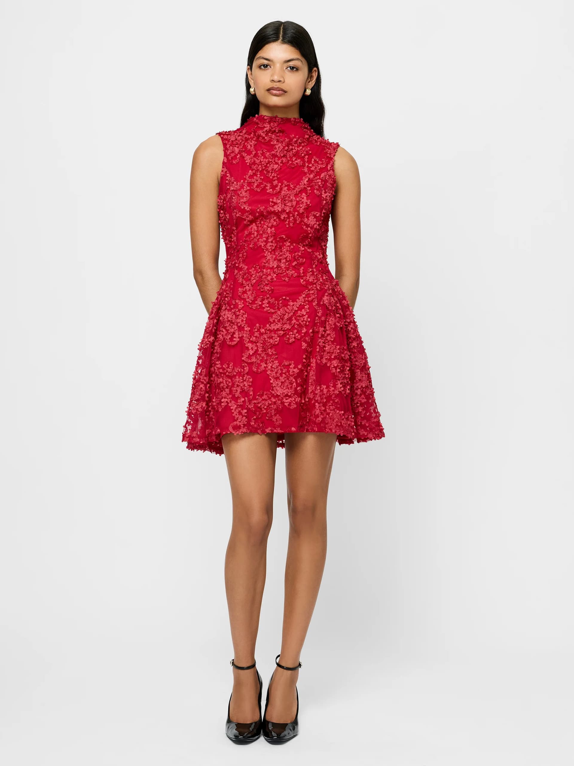 French Connection Leah Red 3D Floral High Neck Mini Dress Red