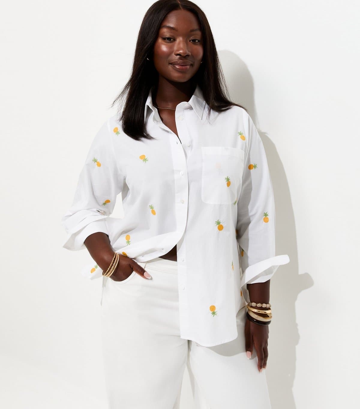New Look Women's Plus Size White Cotton Pineapple Embroidered Shirt Curves New Look