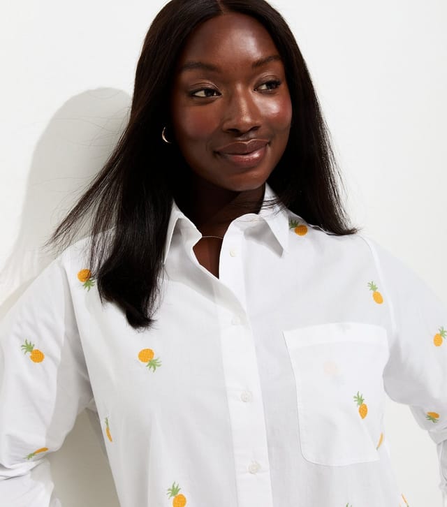 New Look Women's Plus Size White Cotton Pineapple Embroidered Shirt Curves New Look - 2
