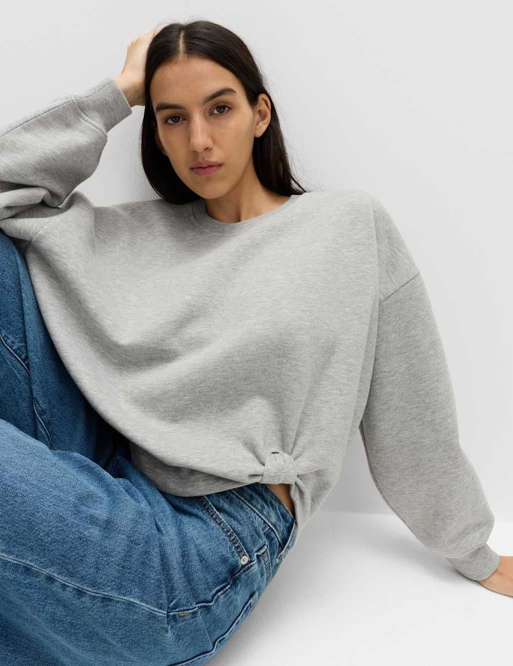 Marks & Spencer M&S Cotton Rich Crew Neck Twist Front Sweatshirt Grey Marl