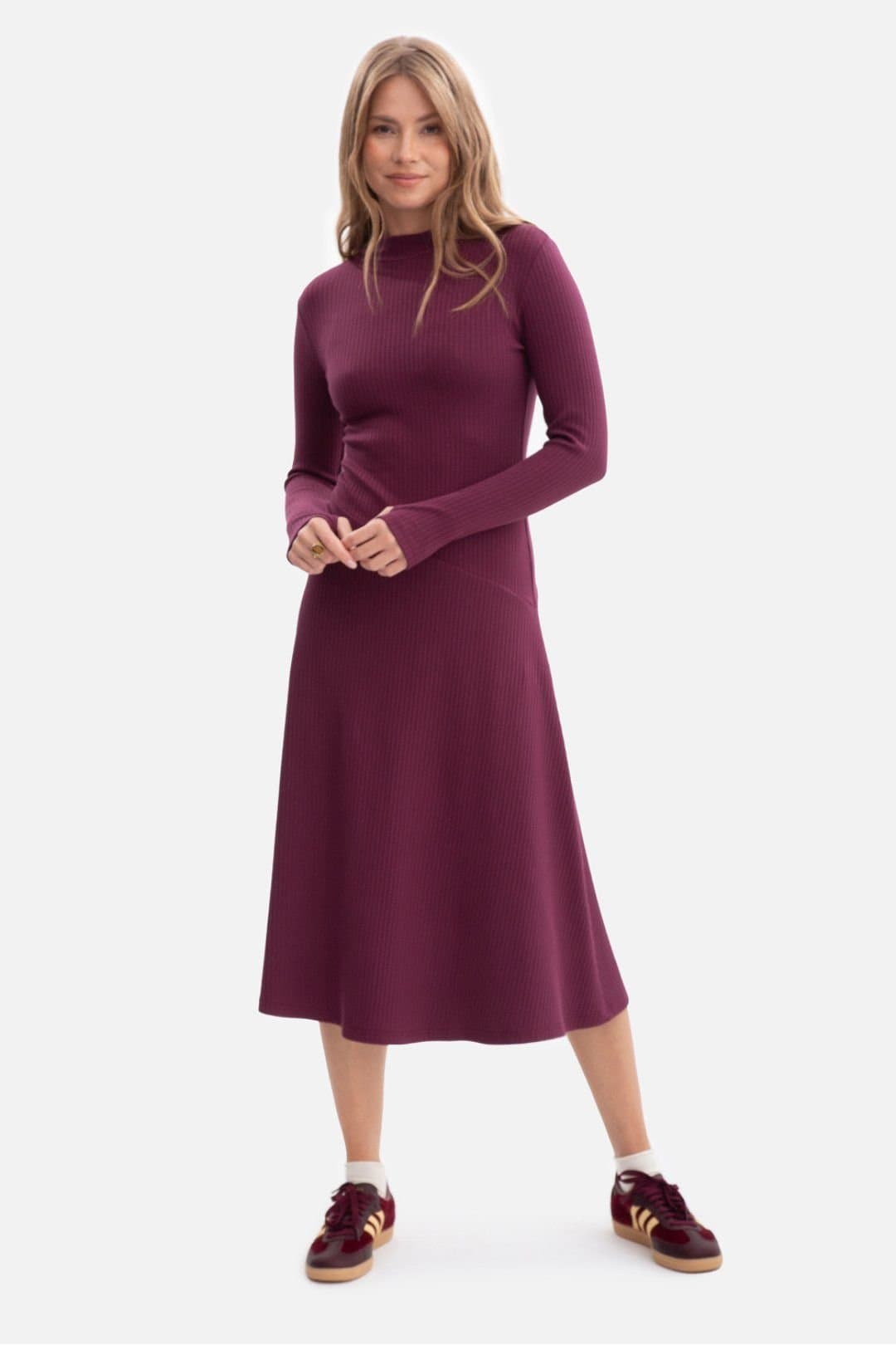 Love Lace Love Lace Women's Ribbed Midi Shirt Collar Dress Thumb Cuffs in Violet