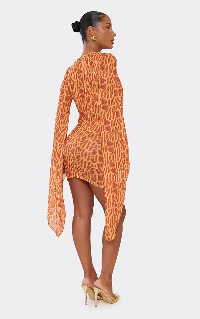 EGO Long Flared Sleeve Extreme Cowl Neck Mini Dress In Orange Leopard Print, Women's Size UK 6 - 2