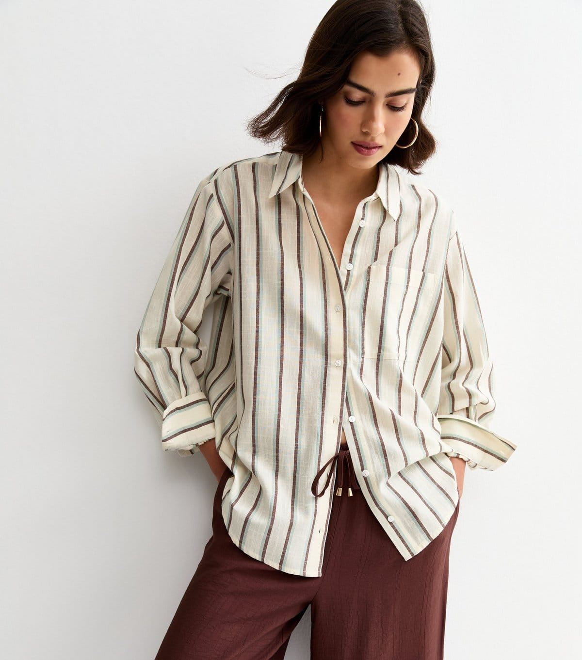 Women's Blue and Brown Striped Cotton Long Sleeve Shirt New Look
