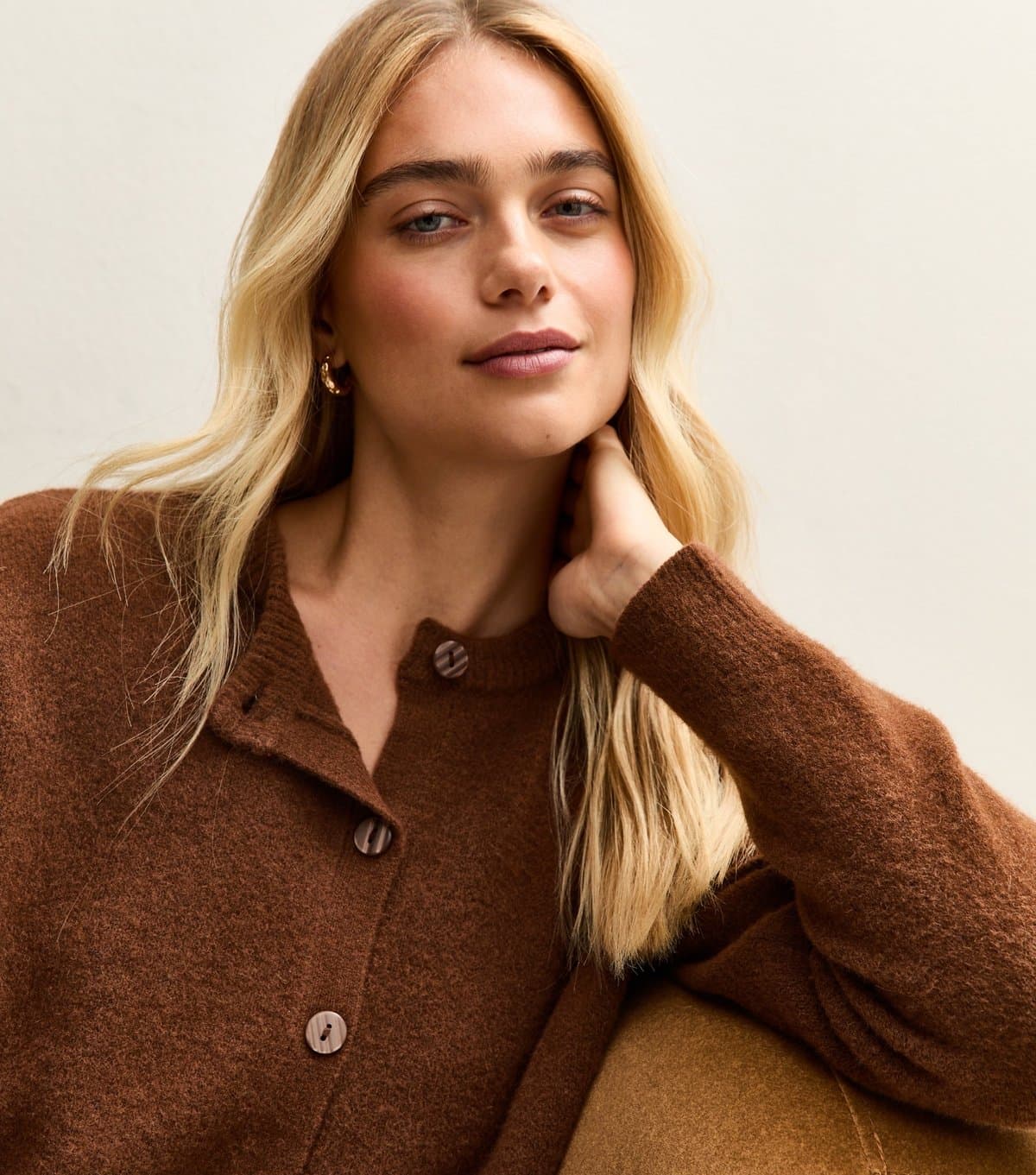 New Look Women's Dark Brown Crew Neck Knit Cardigan New Look