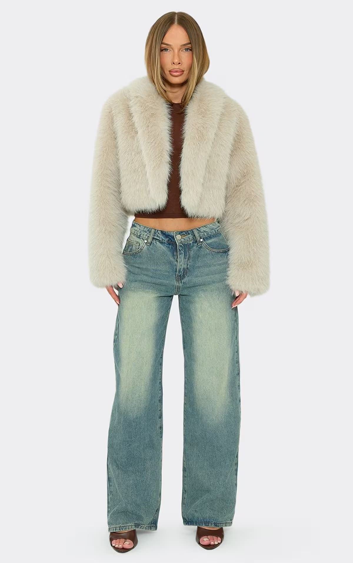 EGO Long Sleeve Collared Cropped Jacket In Taupe Faux Fur, Women's Size UK 6