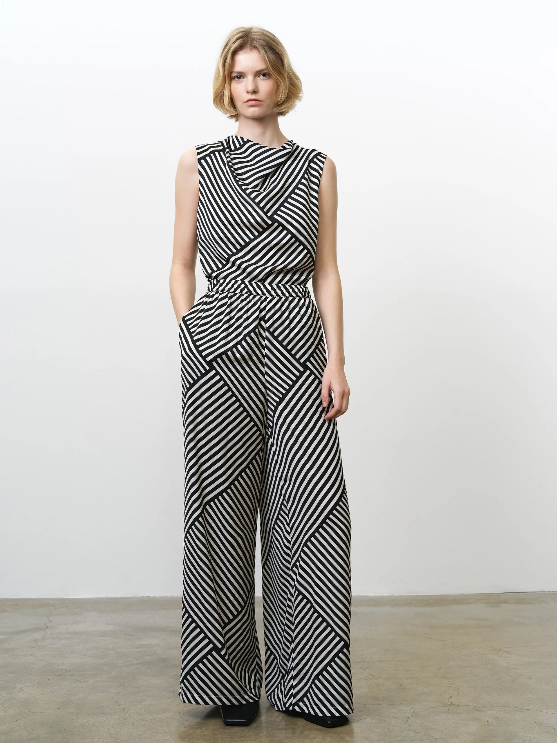 French Connection Black/White Striped Wide Leg Jumpsuit