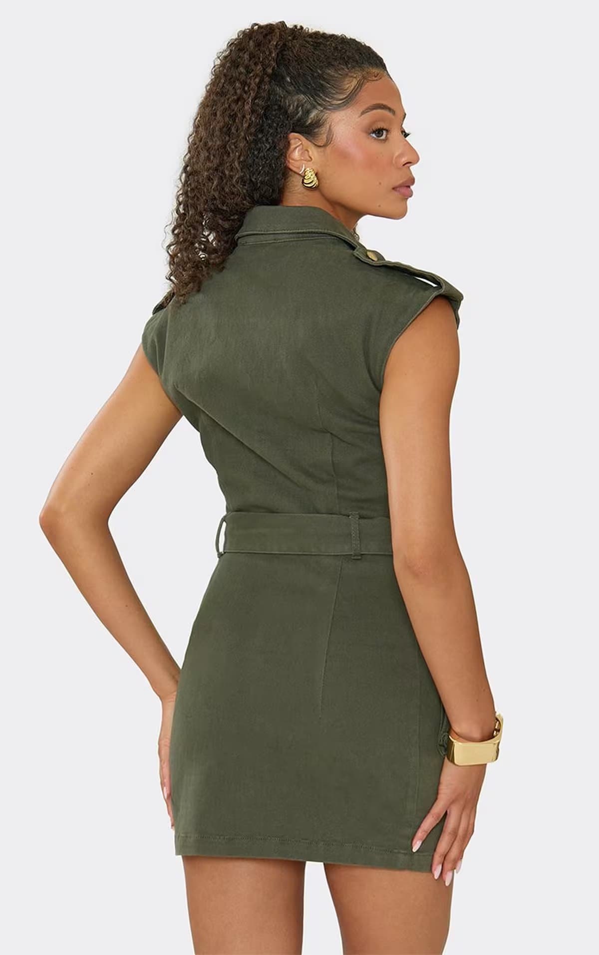 EGO Sleeveless Cargo Belt Detail Collared Mini Dress In Khaki, Women's Size UK 6
