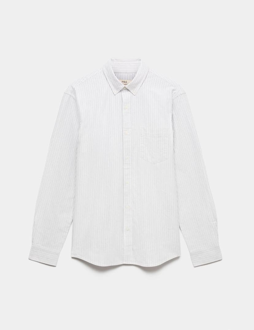Marks & Spencer M&S Ultimate Pure Cotton Striped Oxford Shirt Charcoal Mix - 1