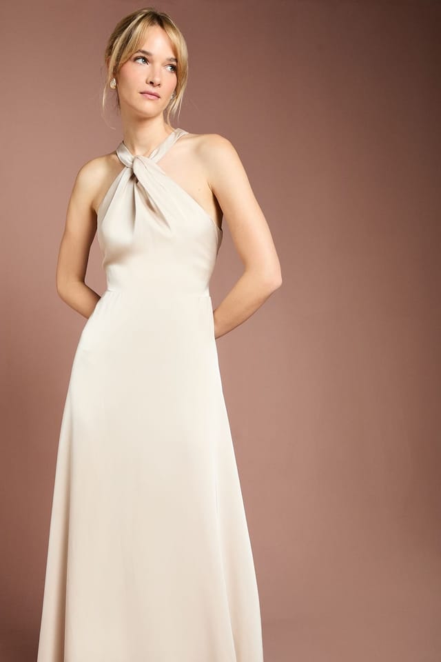 Coast Coast Women's Honoured Twist Halterneck Satin Maxi Bridesmaid Dress in Champagne - 2