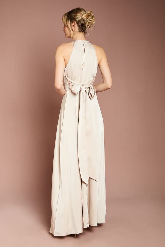 Coast Coast Women's Honoured Twist Halterneck Satin Maxi Bridesmaid Dress in Champagne - 3