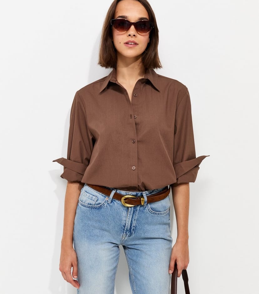 New Look Women's Dark Brown Cotton Poplin Oversized Shirt New Look - 1