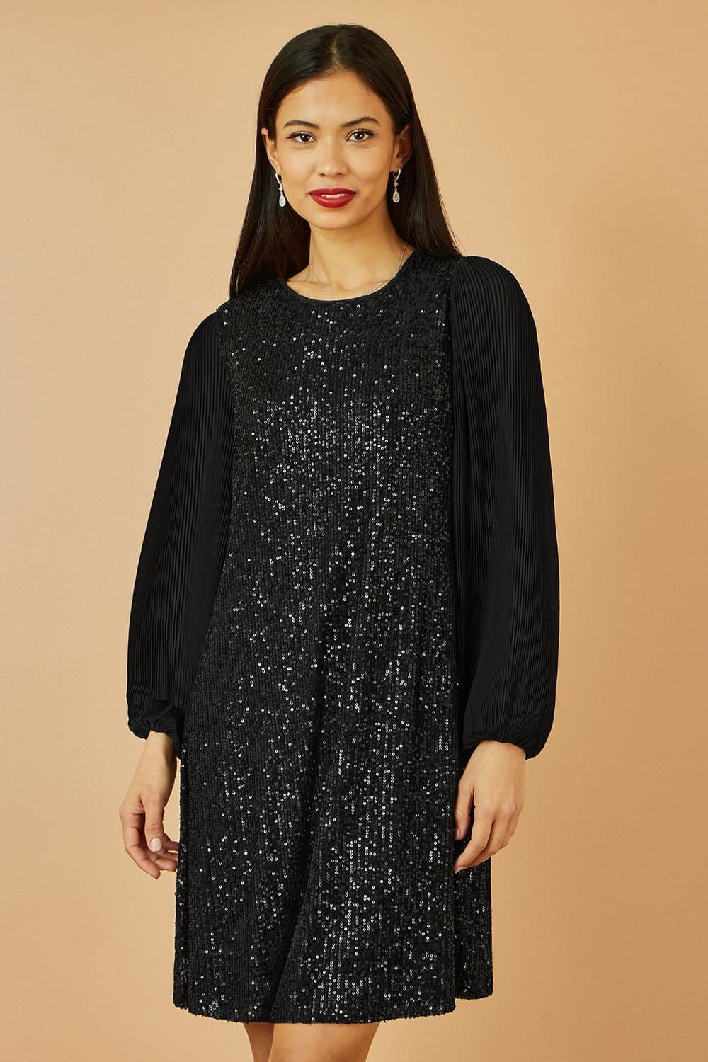 Yumi Yumi Women's Black Velvet Sequin Tunic Dress With Long Pleated Sleeves