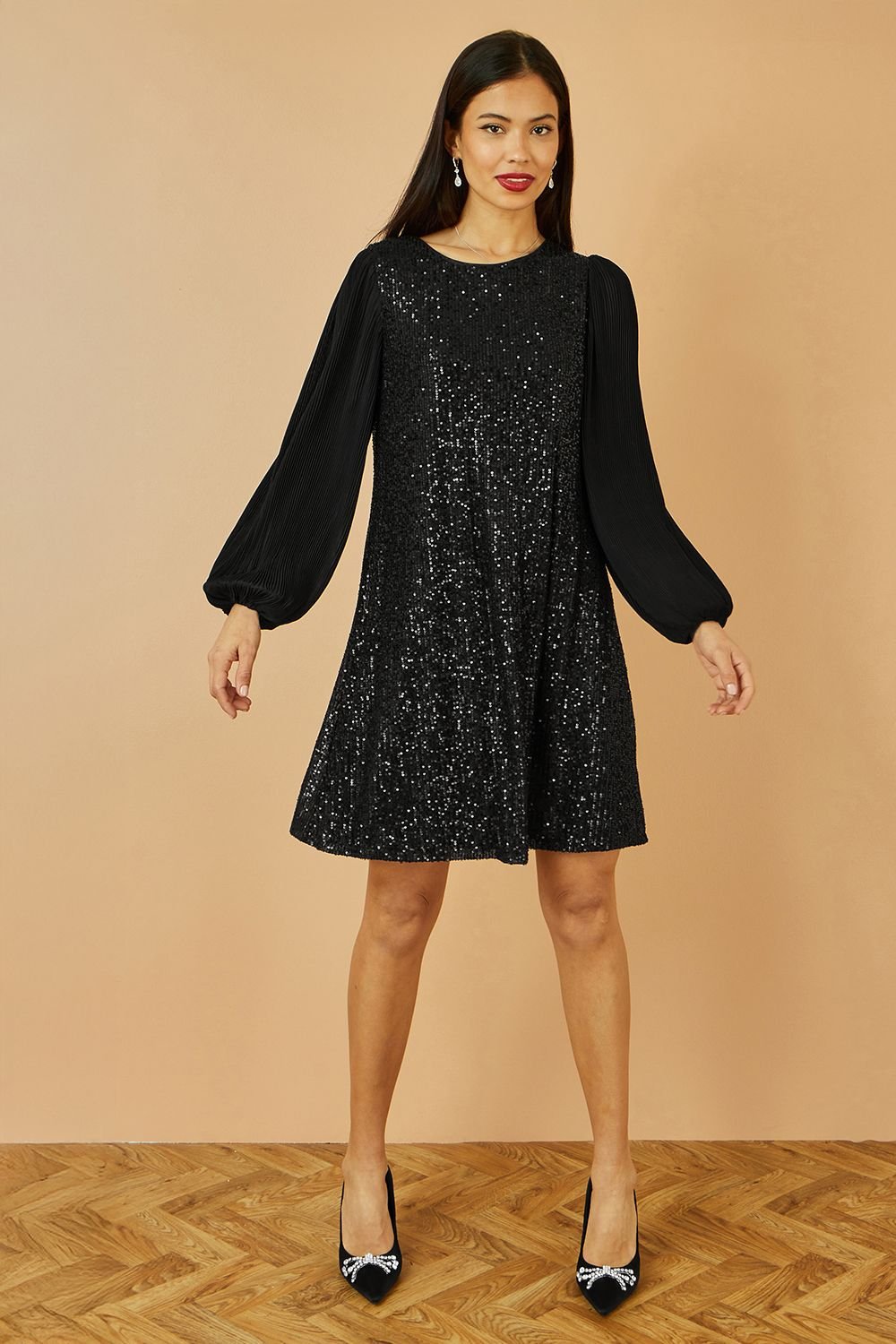 Yumi Yumi Women's Black Velvet Sequin Tunic Dress With Long Pleated Sleeves - 3