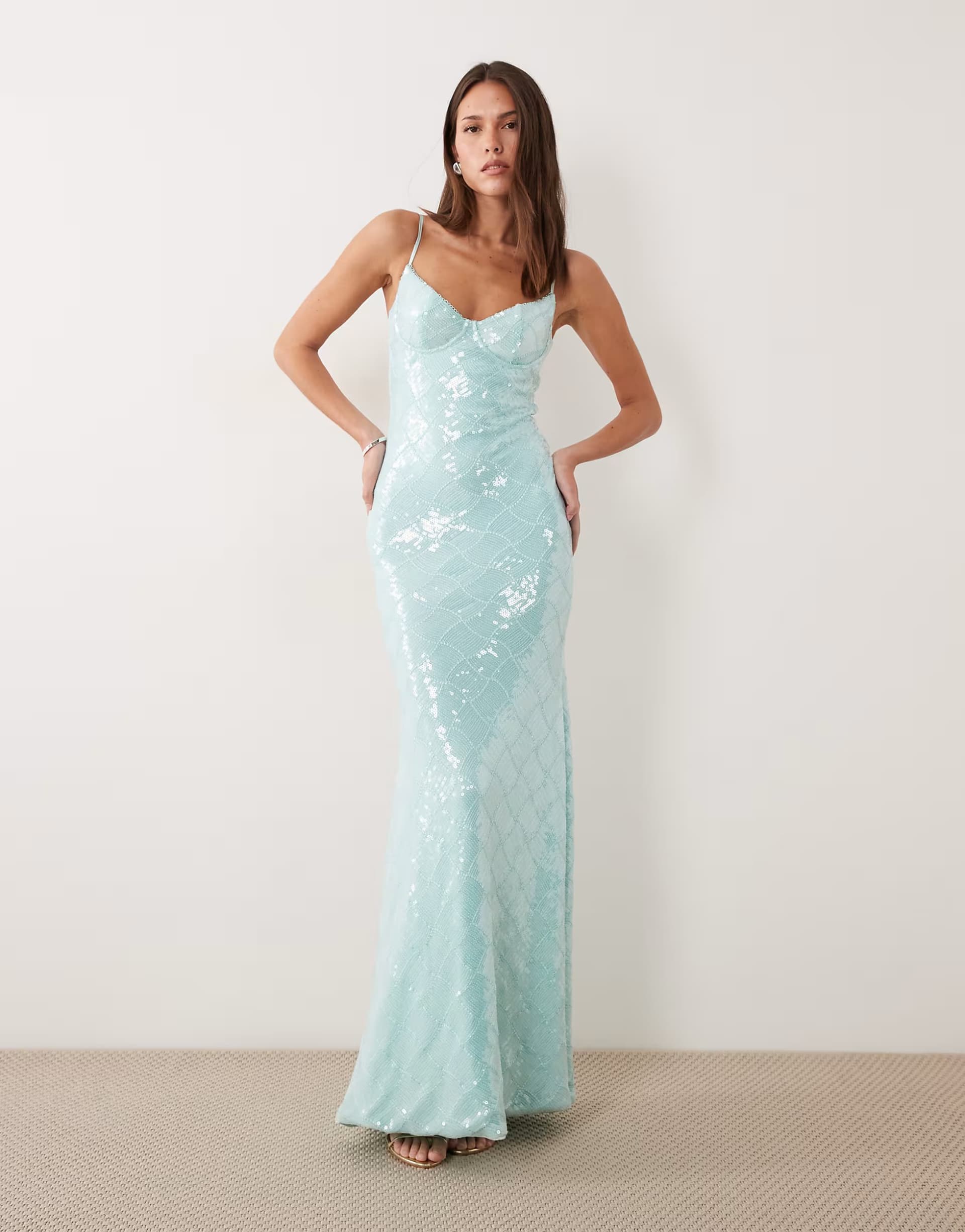 ASOS Wanderdoll Rhea sequin cami cup detail maxi dress in turquoise