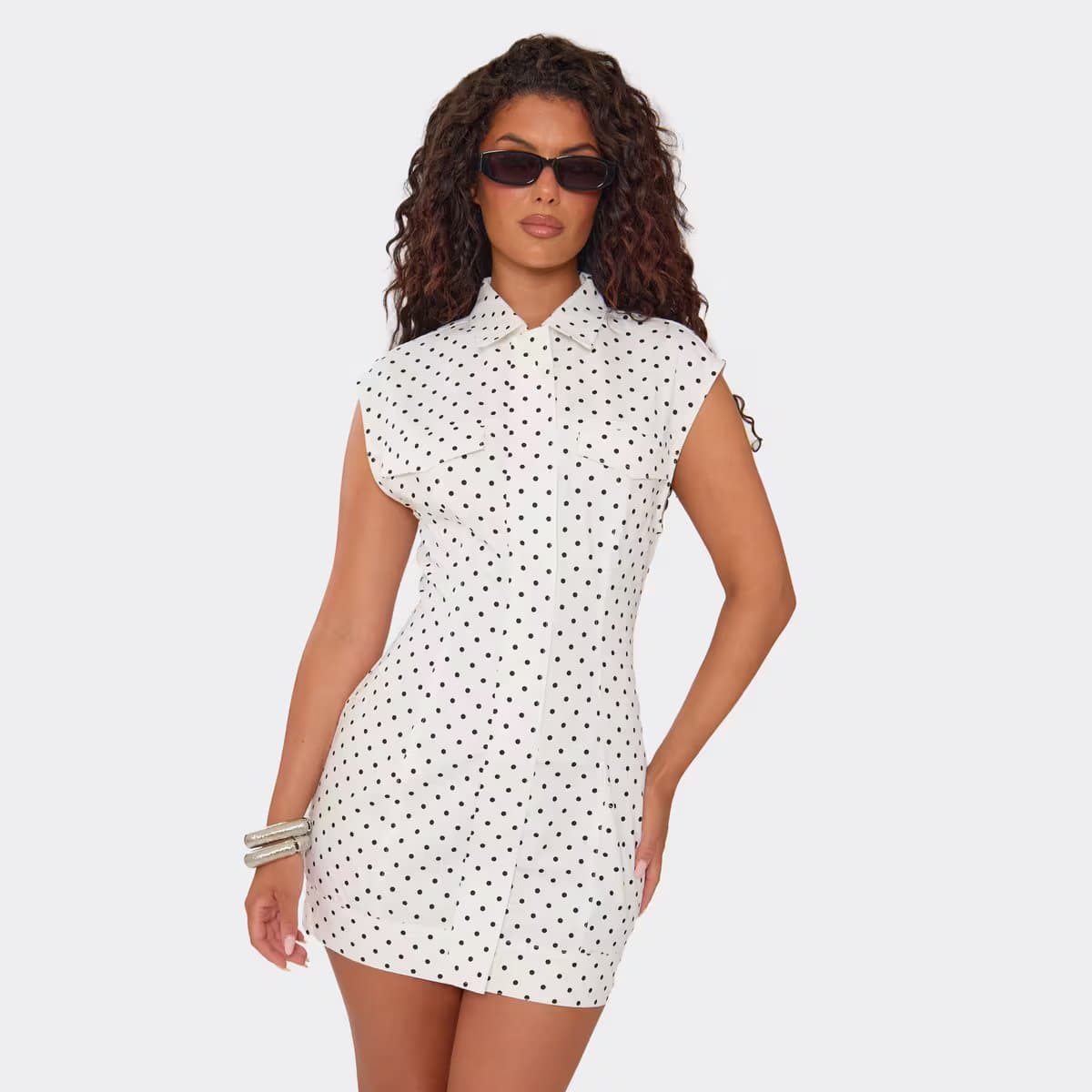 EGO Short Sleeve Cinched Waist Collared Mini Dress In White Polka Dot Denim, Women's Size UK 6