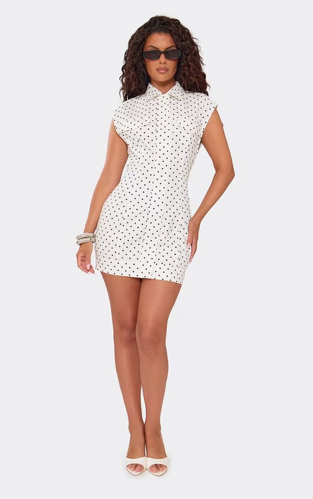 EGO Short Sleeve Cinched Waist Collared Mini Dress In White Polka Dot Denim, Women's Size UK 6 - 2