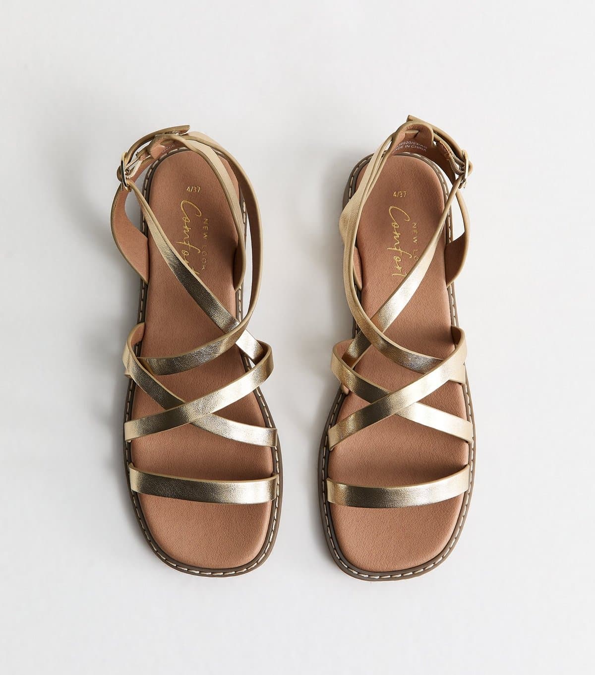 New Look Women's Gold Faux Leather Multi Strap Flat Sandals Vegan New Look