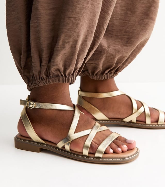 New Look Women's Gold Faux Leather Multi Strap Flat Sandals Vegan New Look - 2