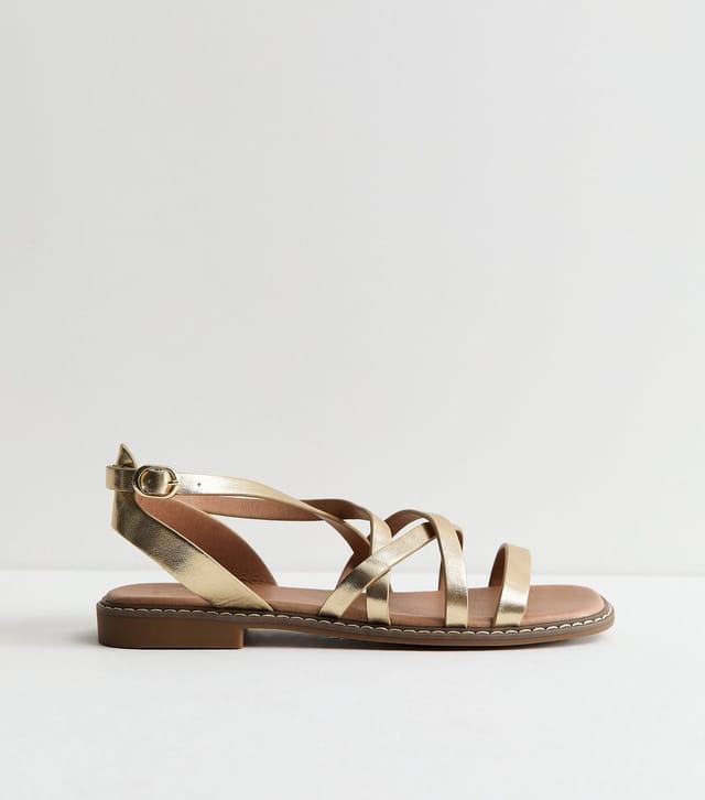 New Look Women's Gold Faux Leather Multi Strap Flat Sandals Vegan New Look - 3