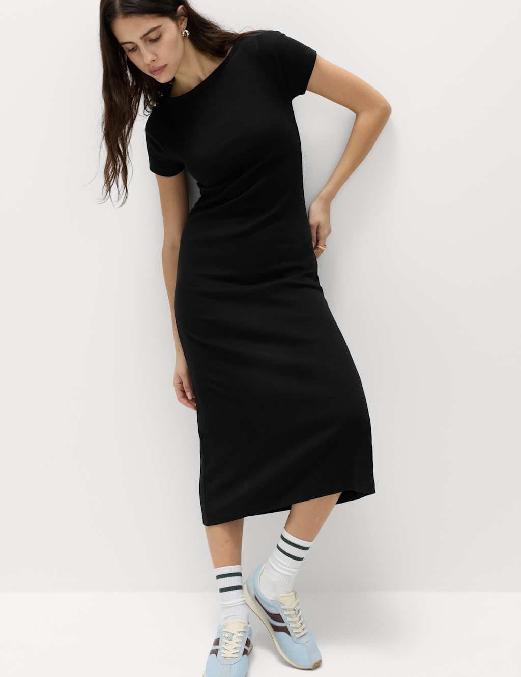 Marks & Spencer M&S Cotton Rich Ribbed Midi Column Dress Black