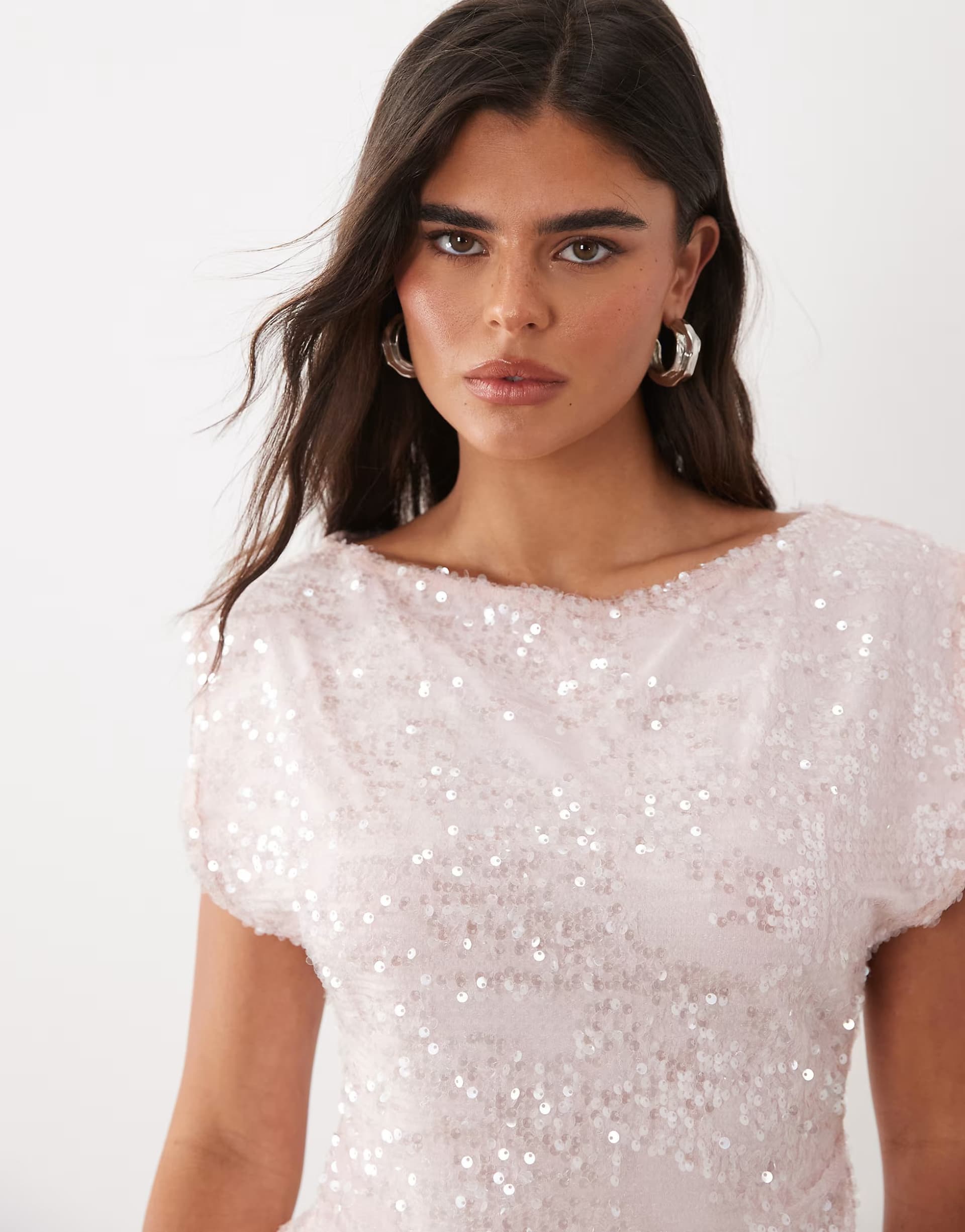 ASOS ASOS DESIGN sheer sequin slash neck  top in pink