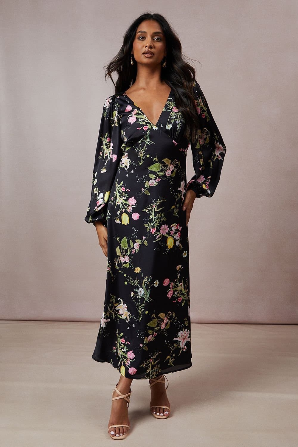 Oasis Oasis Women's Occasion Floral Cross Back Satin Midaxi Dress in Black