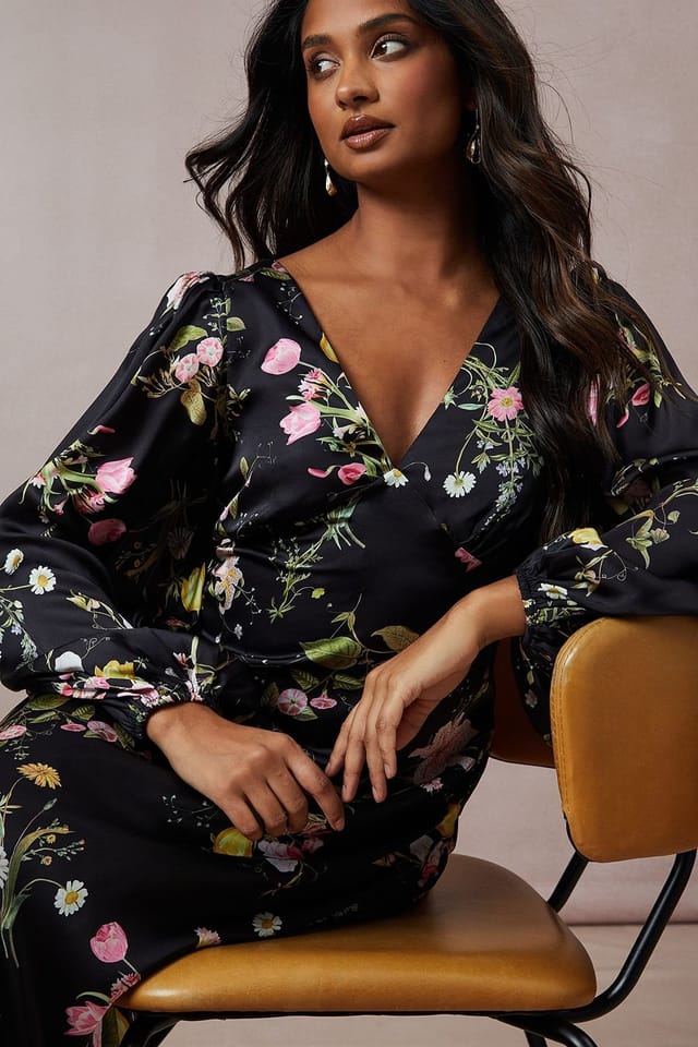 Oasis Oasis Women's Occasion Floral Cross Back Satin Midaxi Dress in Black - 2