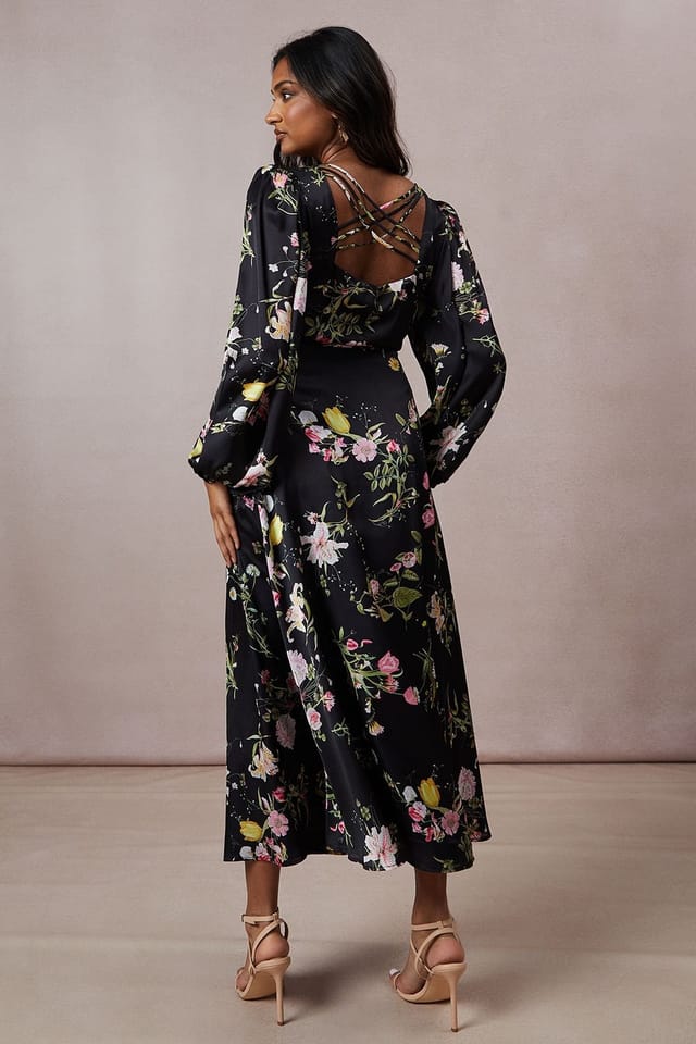 Oasis Oasis Women's Occasion Floral Cross Back Satin Midaxi Dress in Black - 3