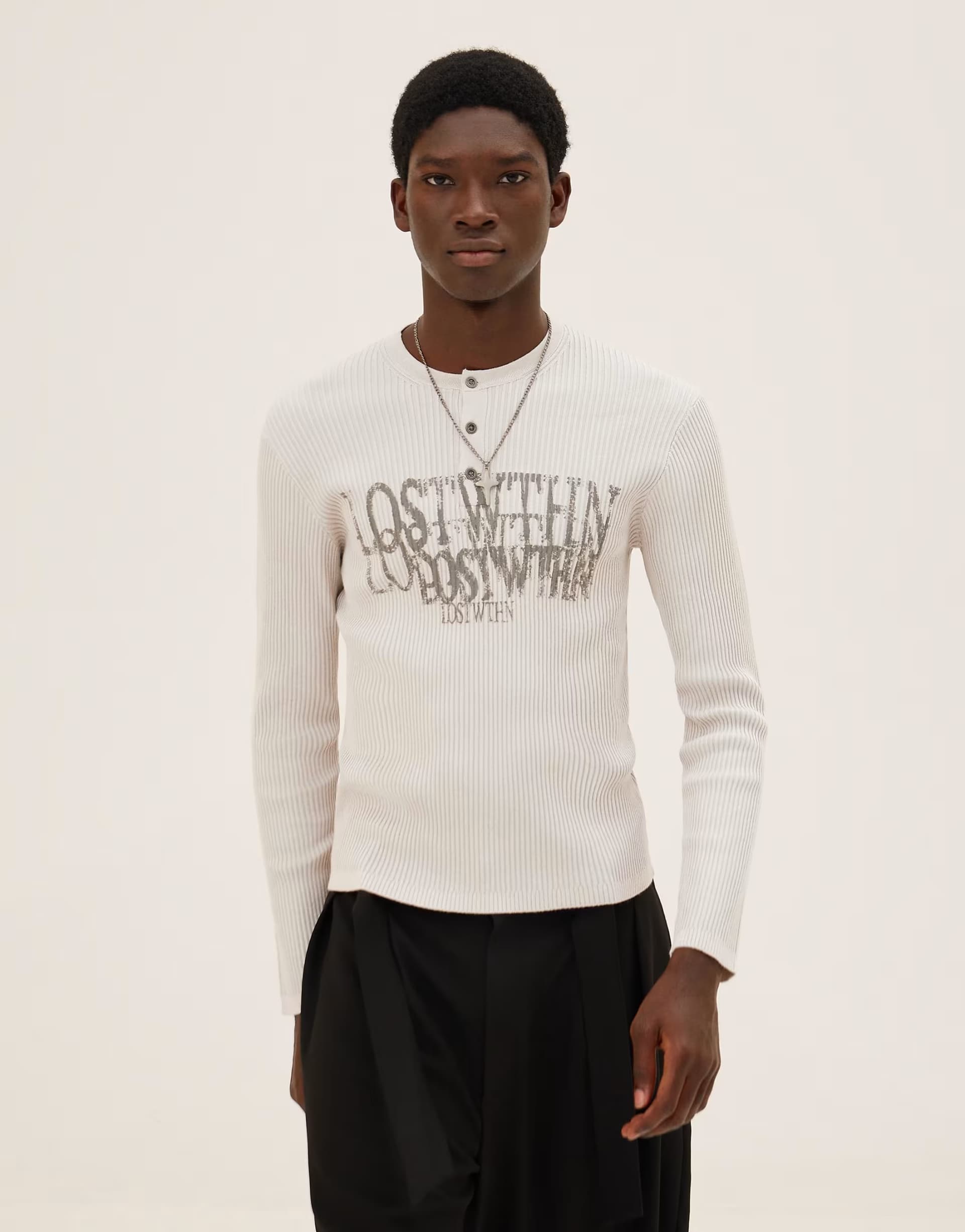 ASOS Bershka Printed henley jumper in grey