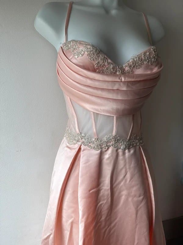 Rolarold Blush Pink Satin Corset Dress Lace Detail Maxi Evening prom Dress Size L 12/14 (US 8/10)